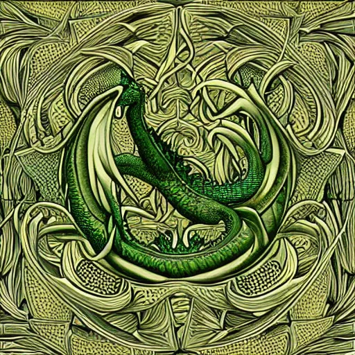 Image similar to green dragon surrounded by rosebuds, by mc escher, trending on artstation, intricate, elegant