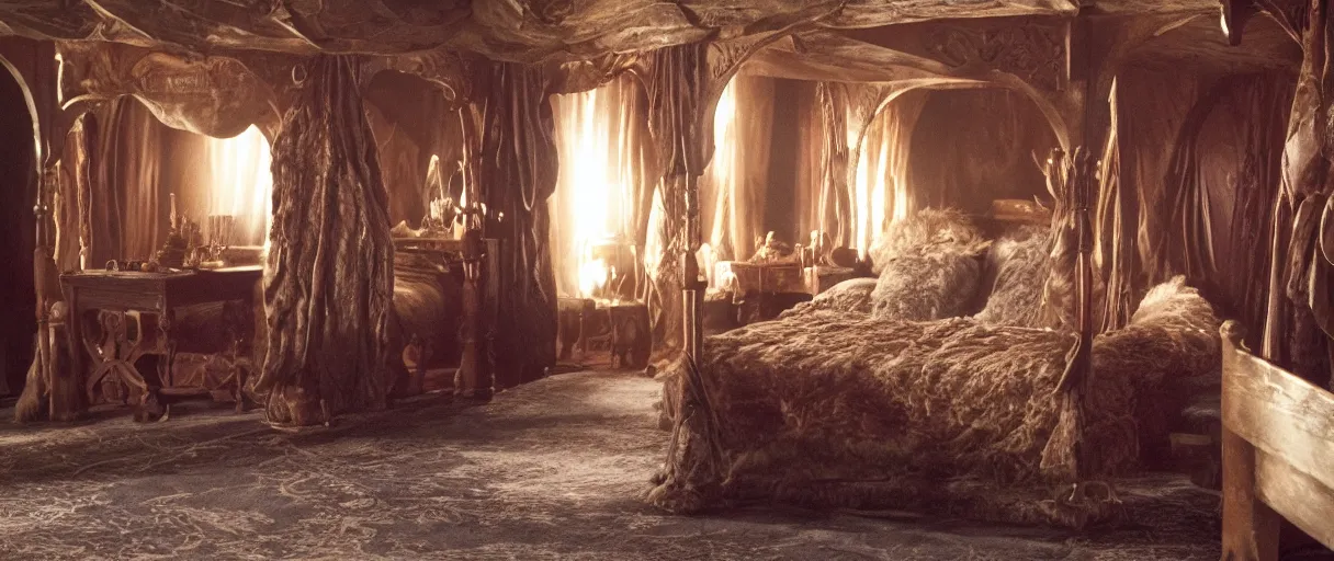 Prompt: movie still 4 k uhd 3 5 mm film color photograph of an sansa stark bedroom in winterfell