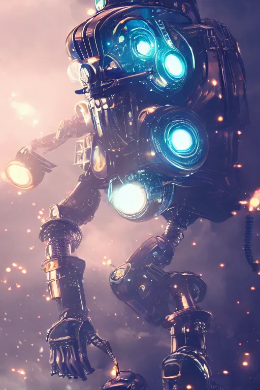 Image similar to chrome colored steampunk robot with electric particle effects, dynamic, action pose, digital painting, WLOP, trending on artstation, 8k, epic composition, highly detailed, sharp focus