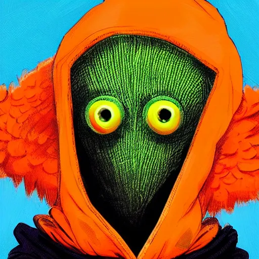 Image similar to a tennis ball monster , orange hoodie, cherub wings, balaclava, digital art, fantasy, magic, trending on artstation, ultra detailed, professional illustration by Basil Gogos