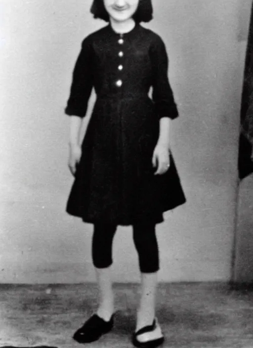 Prompt: a restored photo of Anne Frank posing for the camera in a black SS officer uniform, colourised, high detail, happy picture