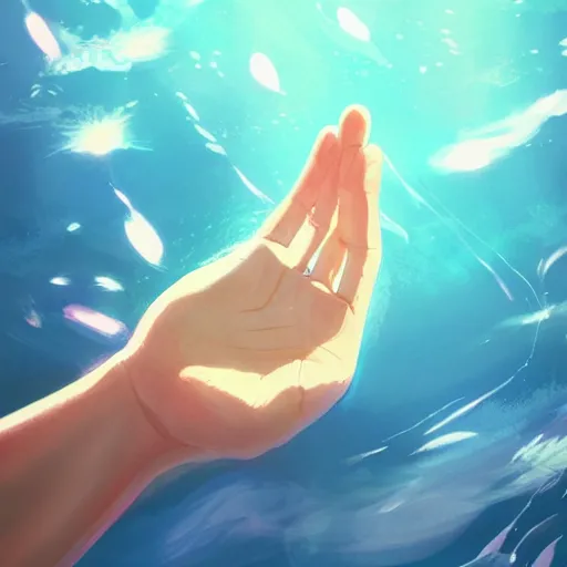 Prompt: hand reaching down into the water, crystal clear water, light refraction. in the style of hand study, artstation trending, digital art, underwater. by studio ghibli, WLOP, rossdraws, breath of the wild