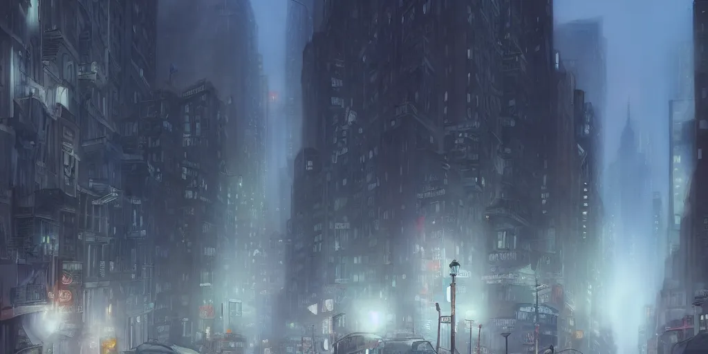 Prompt: a street at new york city, foggy evening, matte painting, studio ghibli, artstation