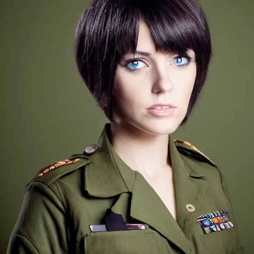 Image similar to brunette woman, bright green eyes, short hair, flipped out hair, military uniform, serious