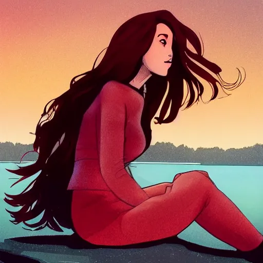 Image similar to a beautiful comic book illustration of a woman with long red hair sitting near a lake at night by daniele afferni, featured on artstation