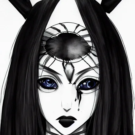 Image similar to headshot art of a goth anime woman, attractive, symmetrical face, trending on artstation, black and white watercolor