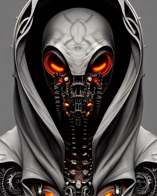 Prompt: front shot of a cyberpunk hooded dead biomechanical demon mastermind character, intricate, elegant, highly detailed, centered, (((artstation, concept art, smooth, sharp focus, artgerm, Tomasz Alen Kopera, Peter Mohrbacher, donato giancola, Joseph Christian Leyendecker, WLOP, Boris Vallejo))), mugshot!!!!!, ugly!!!!!!, octane render, nvidia raytracing demo, grainy, muted