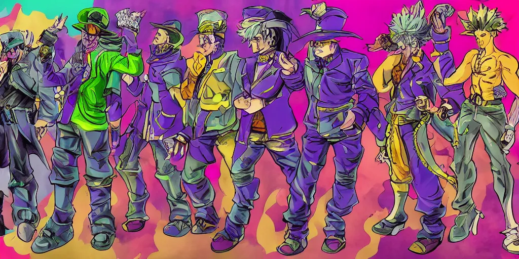 Image similar to detailed colorful full body jojo bizzare adventure ` s concept art