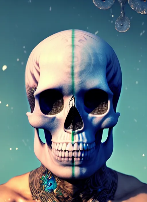 Image similar to 3 d shaman with tattoos profile portrait, sigma 5 0 0 mm f / 5. beautiful intricate highly detailed skull. bioluminescent, plasma, frost, water, wind, creature, gradient background, thunderstorm! artwork by tooth wu and wlop and beeple and greg rutkowski, 8 k trending on artstation,