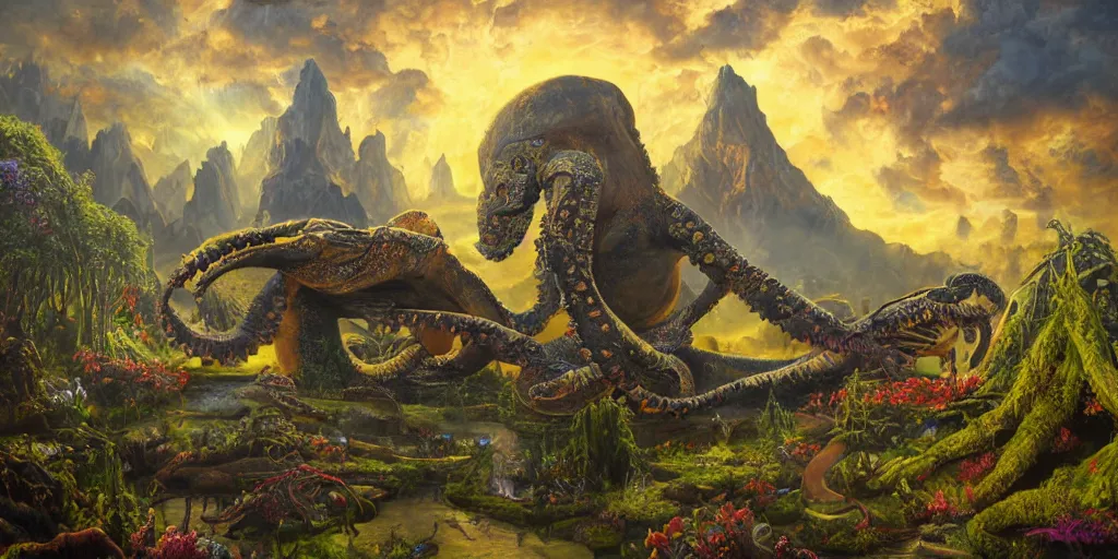 Image similar to fantasy oil painting, great leviathan, cybernetic turtle cephalopod terrapin reptilian pachyderm squid, bella hadid, hybrid, milla jovovich, anubis, epic natural light, lush plants flowers, spectacular mountains, bright clouds, luminous sky, outer worlds, golden hour, michael cheval, edward hopper, michael whelan, vray, hd