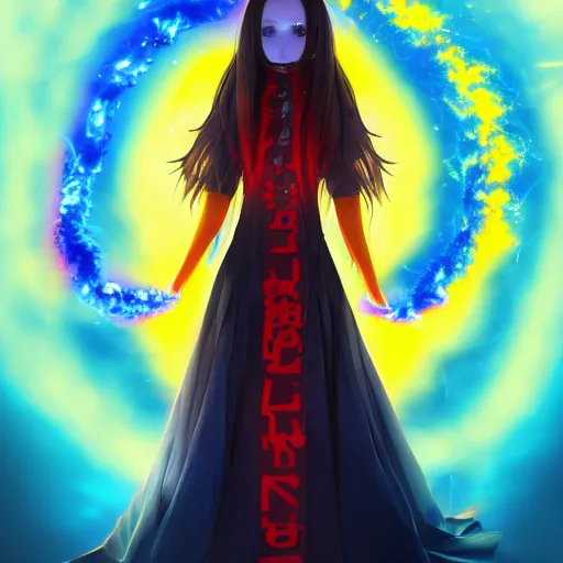 Image similar to advanced digital portrait painting photograph, a teenage anime girl wearing a dress made out of blue fire , full body, very long black/red hair, one yellow and one blue eye, intense stare, cinematic lighting, medium shot, MCU, very high details, trending on artstation, CSP, Photoshop, WLOP, Rossdraws, James Jean, Andrei Riabovitchev, Marc Simonetti, Anastasia Ovchinnikova, BEN MAIER and Sakimichan