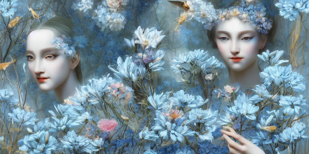 Image similar to breathtaking detailed concept art painting art deco pattern of blonde faces goddesses amalmation light - blue flowers with anxious piercing eyes and blend of flowers and birds, by hsiao - ron cheng and john james audubon, bizarre compositions, exquisite detail, extremely moody lighting, 8 k