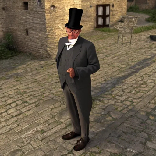 Prompt: an old man wearing a suit and top hat in a medieval village, D&D, high detail, trending on artstation, 4k photorealistic, volumetric lighting, HD