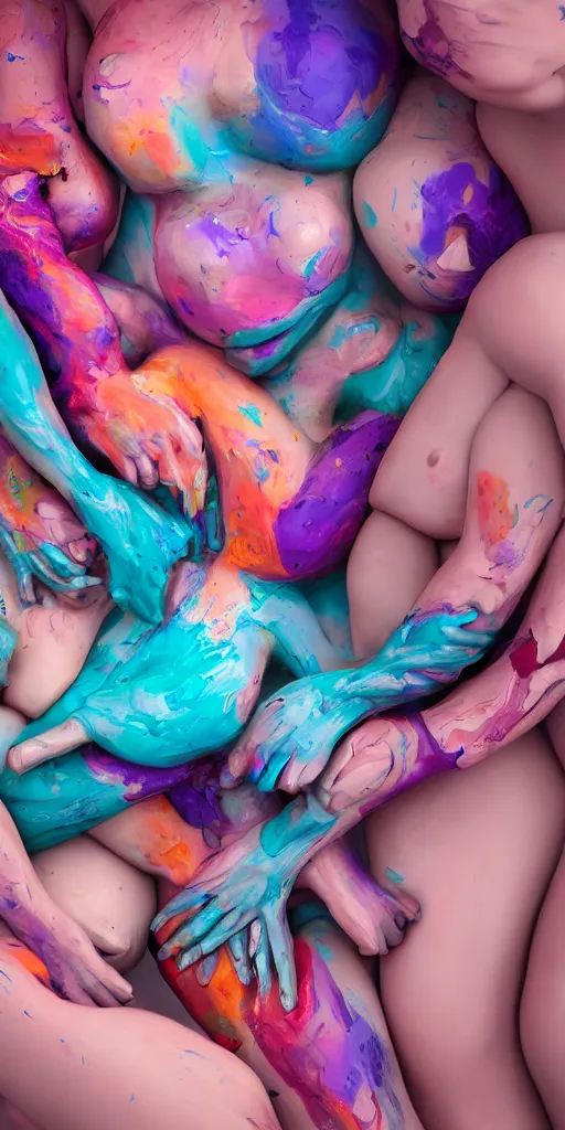 Image similar to closeup photograph of a surrealist sculpture human bodies intertwined, a lovely cornucopia of flowers and human body parts, body parts, paint pour, swirling paint, pink blue and purple color scheme, muted color palette, skin tones, highly detailed, octane render, cinematic