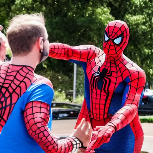 Prompt: many scott morrison in spiderman outfits pointing at each other