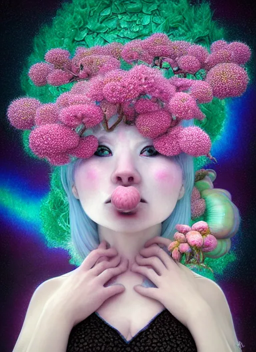 Image similar to hyper detailed 3d render like a Oil painting - kawaii portrait Aurora (white haired Singer Ferret) seen Eating of the Strangling network of yellowcake aerochrome and milky Fruit and Her delicate Hands hold of gossamer polyp blossoms bring iridescent fungal flowers whose spores black the foolish stars by Jacek Yerka, Mariusz Lewandowski, Houdini algorithmic generative render, Abstract brush strokes, Masterpiece, Edward Hopper and James Gilleard, Zdzislaw Beksinski, Mark Ryden, Wolfgang Lettl, hints of Yayoi Kasuma, octane render, 8k