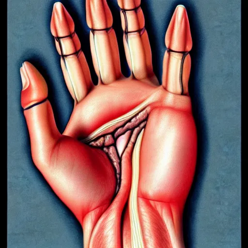Image similar to medical reference, anatomical illustration of a hand : : anatomy study of hand : : hyperrealism, colored pencil illustration