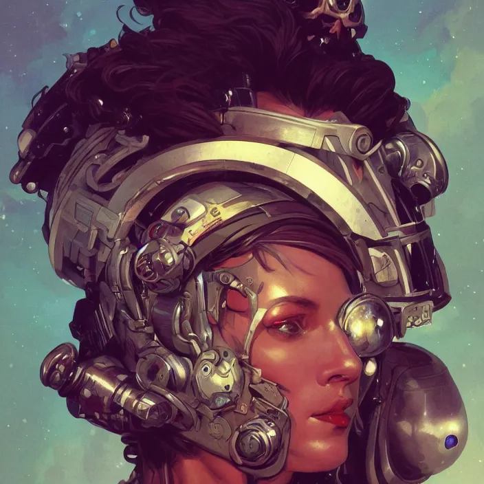 Prompt: a head and shoulders portrait of a space pirate, neon, retro, steampunk, smooth, sharp focus, intricate, artstation, detailed concept art by Rutkowski and Mucha and sky sewa and Caravaggio