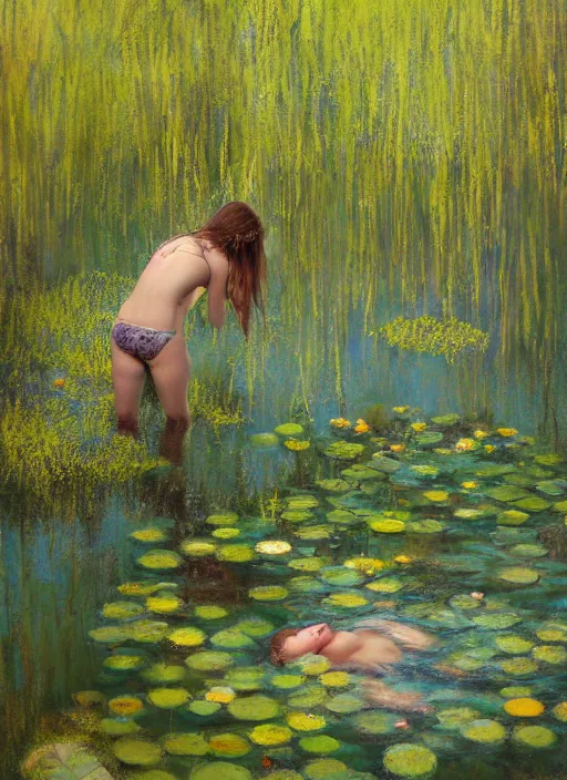Image similar to full body portrait of a beautiful woman bathing in a shallow pond, front facing her body obscured by water lilies, aspen grove in the background, by Jeremy Mann, stylized, detailed, loose brush strokes, pastel colors, green and yellow tones
