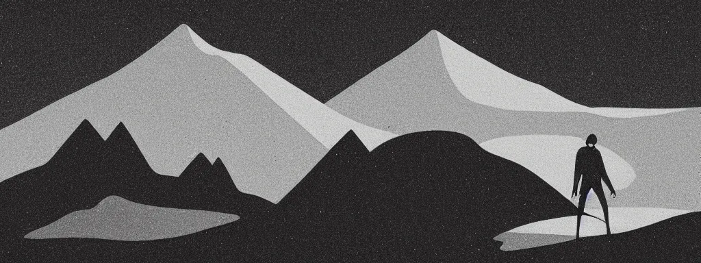 Image similar to a black and white photo of a mountain range, an album cover by hallsteinn sigurðsson, trending on behance, figuratism, chillwave, concert poster, poster art, black background, high contrast, noisy