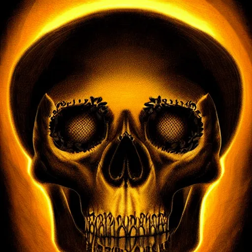 Prompt: a scary skull emerging from the darkness, digital art, horror