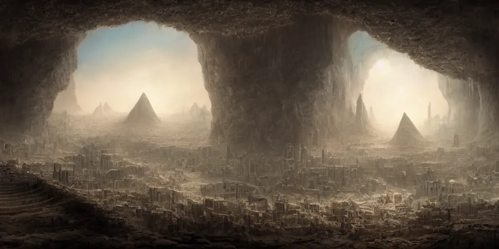 Prompt: a highly detailed matte painting of a gigantic city in a cavern, babylonian, sumerian, atlantis, egyptian, 8 k hd, concept art, artstation, deviantart, cg society,