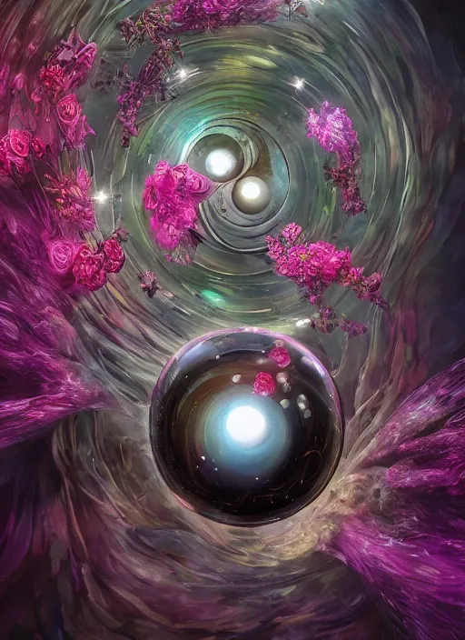 Image similar to An epic fantastic realism comic book style painting of the most beautiful spiraling entwined flowers launched exquisitely across the dark spinning universe, floating bouquets, fisheye, perfect shiny iridescent silver spheres, unreal 5, DAZ, hyperrealistic, octane render, dynamic lighting