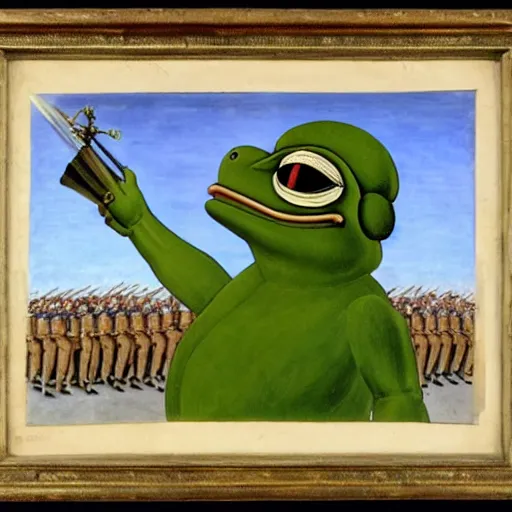 Image similar to pepe the frog in ww 1 military parade, schirmmutzen, pickelhaube, painting by sandro botticelli and leonardo da vinci, uncropped