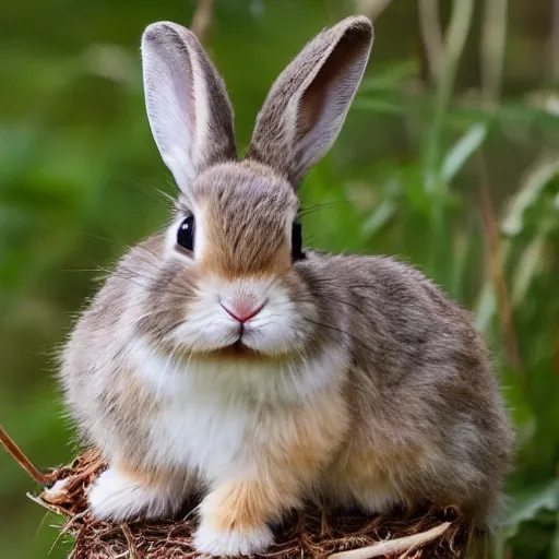 Prompt: Baby bunny who thinks Elina is the loveliest person in the world, hanging out on fluffy mountains portrait