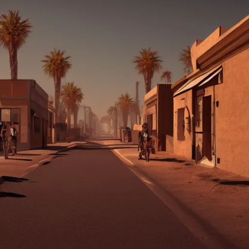 Prompt: A street view of a small desert town, 4k, artstation, cgsociety, cinematic lighting