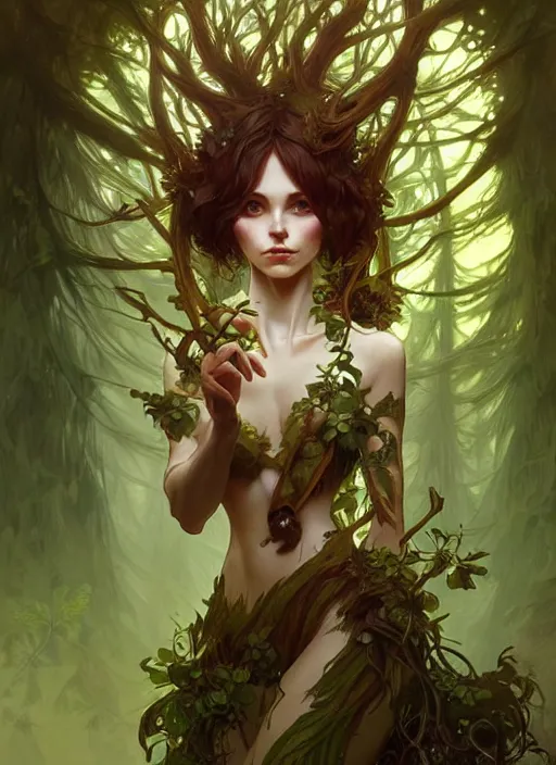 Image similar to a cute forest elemental, with fingers, fantasy, intricate, elegant, highly detailed, digital painting, artstation, concept art, wallpaper, smooth, sharp focus, illustration, art by artgerm and greg rutkowski and alphonse mucha