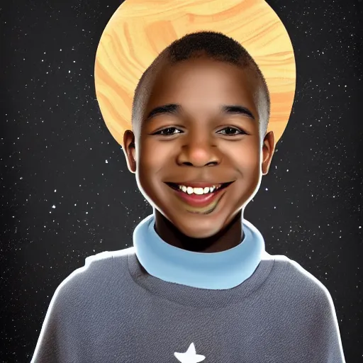 Image similar to A beautiful children's drawing of a young happy strikingly cute playful black boy that is an aspiring astronaut, he is also wearing a painted cardboard box on his head and wearing a cape on his back and playing with a toy shuttle in his playroom, symmetrical facial features, perfect facial proportions, galaxy color scheme, beautiful, 8k, HD, octane, unreal engine, volumetric lightning, upright,