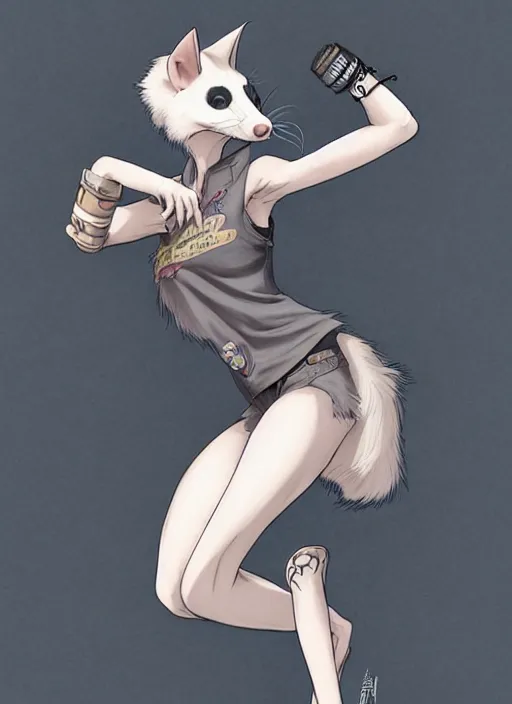 Image similar to character portrait of a female furry anthro opossum fursona wearing a tanktop and shorts with arm tattoos. Character design by charlie bowater, ross tran, artgerm, and makoto shinkai, detailed, inked, western comic book art