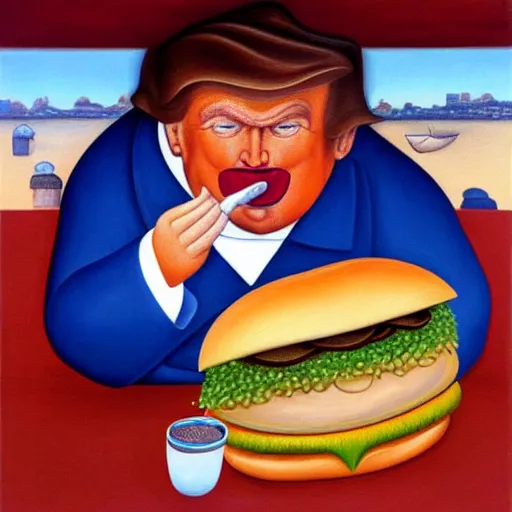 Prompt: Fernando botero painting of Donald trump eating a giant burger