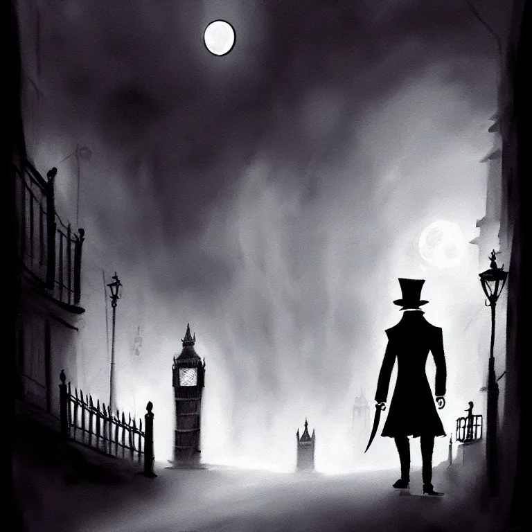 Prompt: jack the ripper lurking in a dark alleyway, holding a knife, one point perspective, full moon, foggy night, black alley cat, cobblestone road, stone arch, big ben, digital painting, hyperrealistic, macabre, spooky, trending on artstation