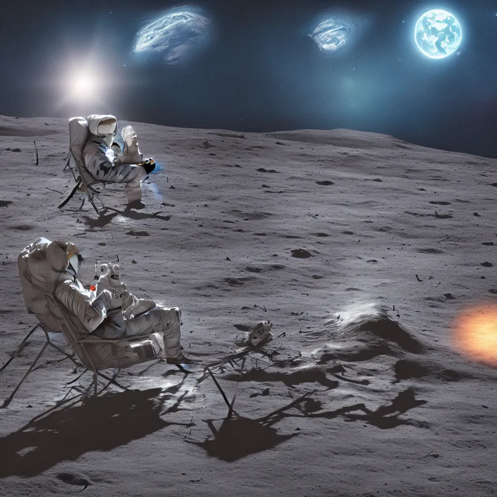 Image similar to astronaut on the Moon sitting on a bench reading a book, Planet Earth visible over the horizon, rim lighting, cinematic lighting, photo realistic image, 4K, super detailed, cinematic look