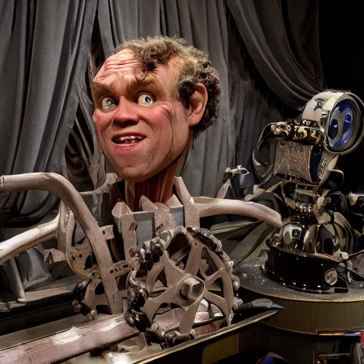 Image similar to animatronic John C. Reilly, exposed mechanics, photo, Stan Winston studios, detailed, 4k