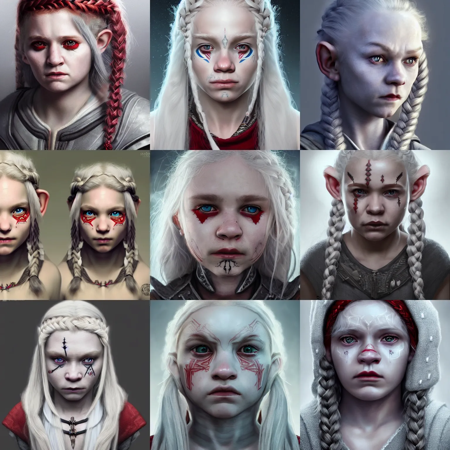 Prompt: realistic portrait of a young female halfling with white - braided - hair!!! and a grey cloak and geometric facial - tattoos, albino, red - iris, haunted sad expression, artstation, cinematic lighting, hyper - detailed 8 k