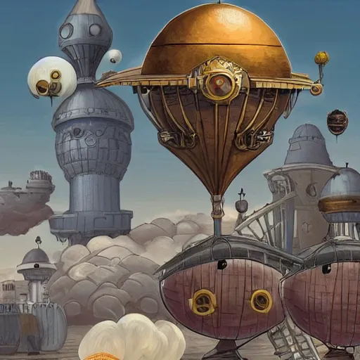 Prompt: flying giant egg-shaped steampunk fortress surrounded by numerous airships