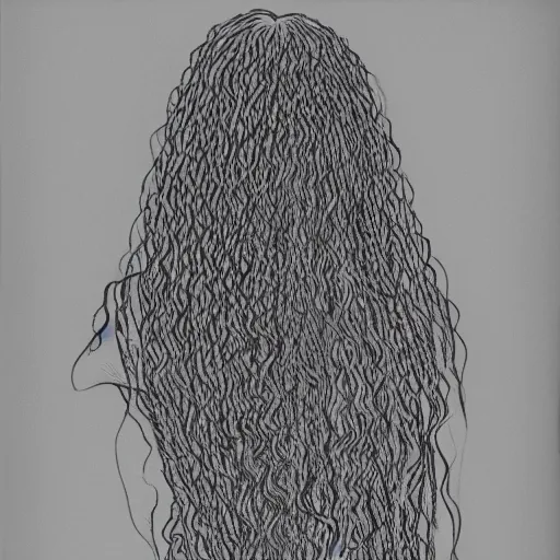 Prompt: a black and white line drawing of the silhouette of a woman with long curly hair using a dress