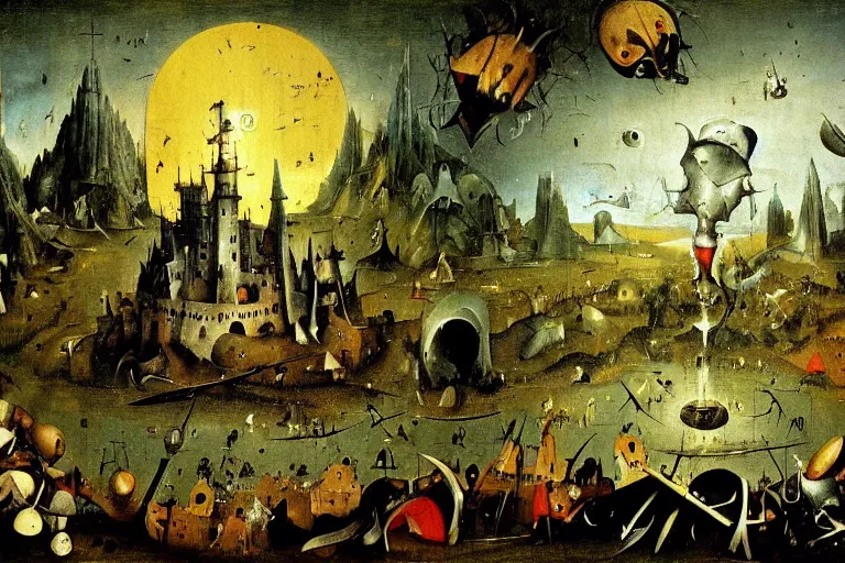 Prompt: dark souls landscape painted by hieronymus bosch