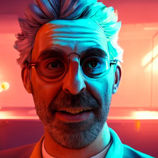 Prompt: portrait of rick sanchez, lab coat and tee shirt, lens flare, atmosphere, glow, detailed, intricate, full of colour, cinematic lighting, trending on artstation, 4 k, hyperrealistic, focused, extreme details, unreal engine 5, cinematic, masterpiece