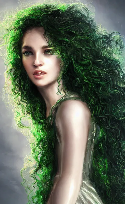 Image similar to a young woman with wild, curly hair and bright green eyes. she's wearing a flowing dress made of light, airy fabric and she has a mischievous look on her face, dynamic lighting, photorealistic fantasy concept art, trending on art station, stunning visuals, creative, cinematic, ultra detailed