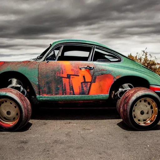 Image similar to nuclear themed ratrod car in the frame of a porsche 9 1 1. rusted, mechanical ad photoshoot. 8 k ratrod