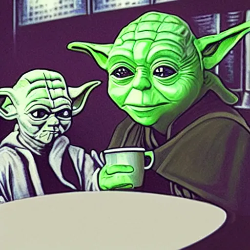 Prompt: yoda and Darth Vader drinking coffee