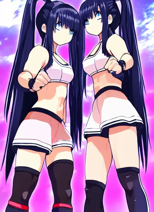 Prompt: two beautiful female fighters with twintails taunting each other, high waist shorts, white top, dim lighting, gorgeous features, smooth, detailed anime art