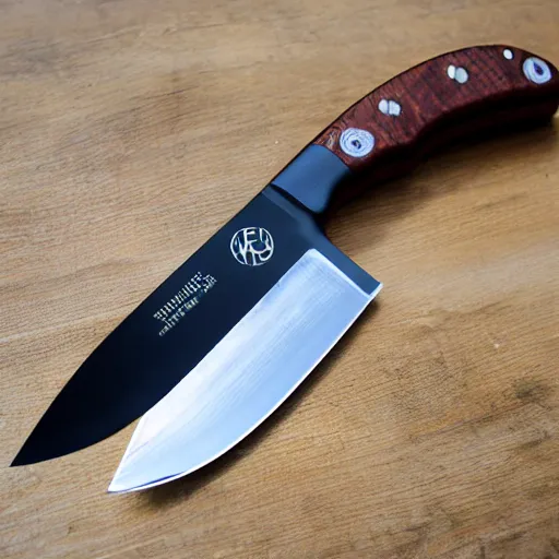 Image similar to tactical knife, glow, reflection, wide angle, iron wood handle