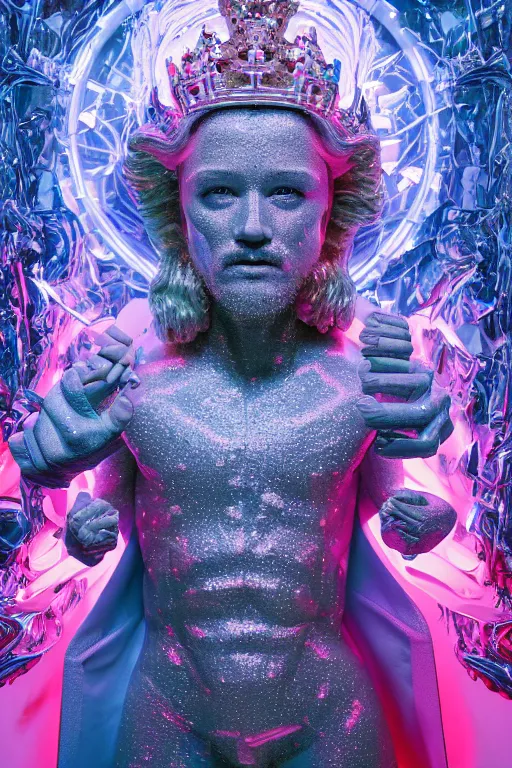 Prompt: hyper detailed ultra sharp portrait of baroque and bladerunner delicate neon diamond sculpture of seductive muscular albino king jesus, diamond pink sphinx iridescent humanoid deity wearing metallic hoody made out of hands holding the sun prismatic dungeon, glowing blue face, crown of white diamonds, cinematic lighting, photorealistic, octane render 8 k depth of field 3 d