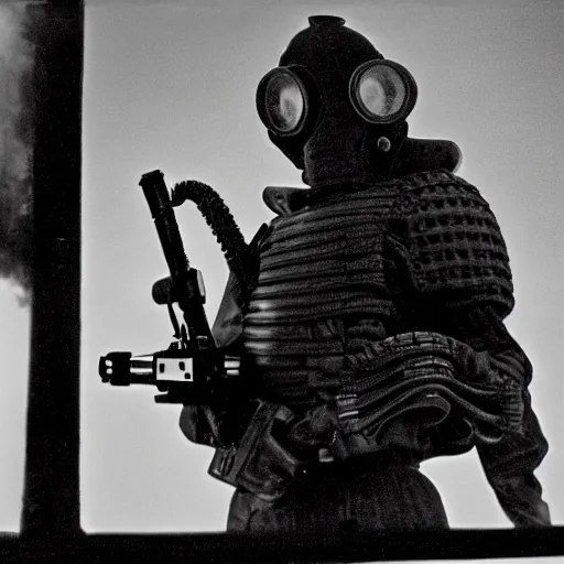 Prompt: a heavily armored man wearing a gasmask, in a surrealist landscape, film still, arriflex 3 5