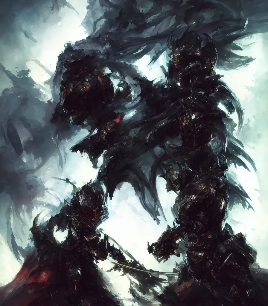 Prompt: a hellish knight paladin, black armor, flowing backlit hair, beautifully designed character, award winning collaborative painting by geg ruthowski, alphonse murac, craig mullins, ruan jia, wlop, yoji shinkawa, collaborative artwork, exquisitely high quality and detailed